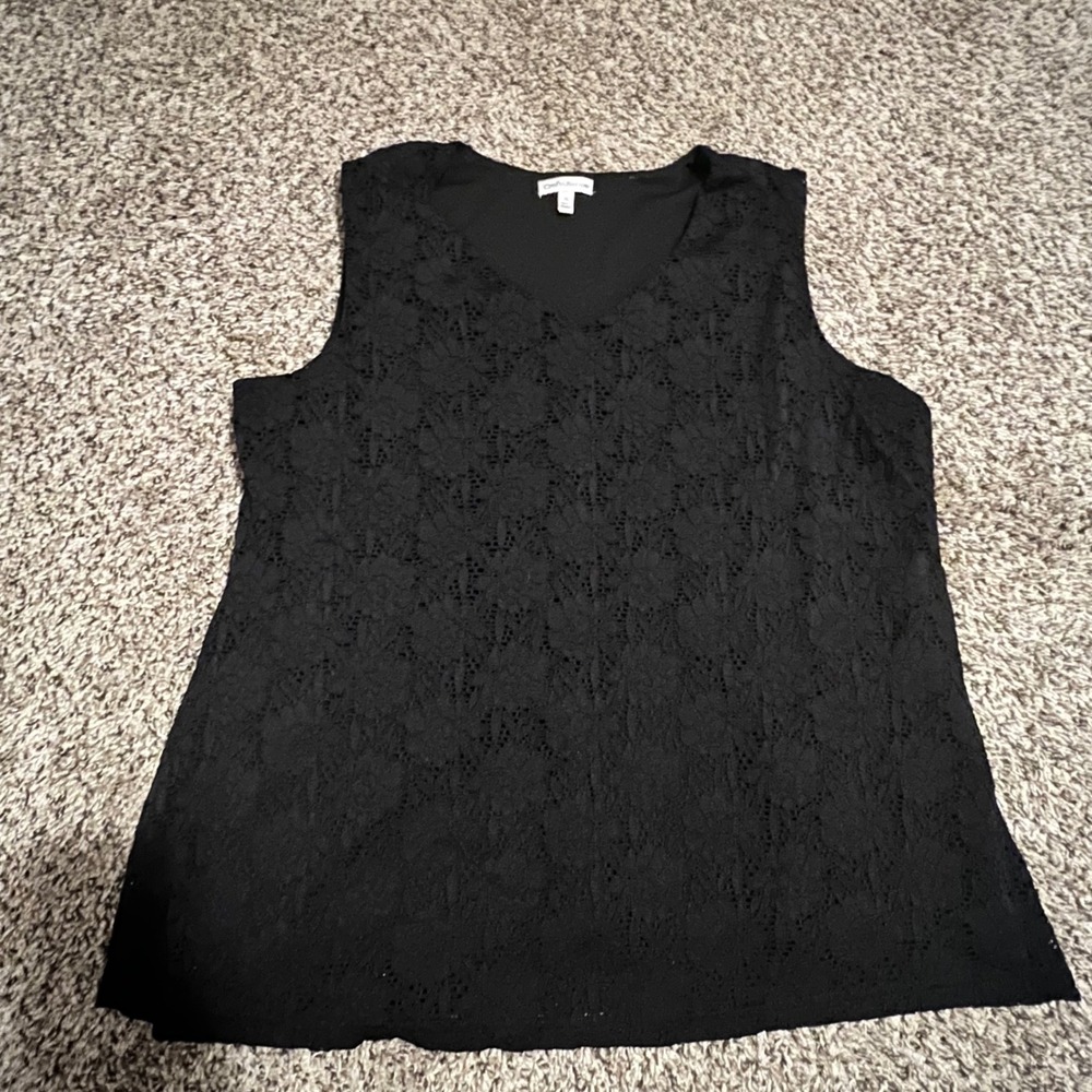 Croft & Barrow Womens 1X Black Floral Lace V-Neck Sleeveless Blouse Lined Top